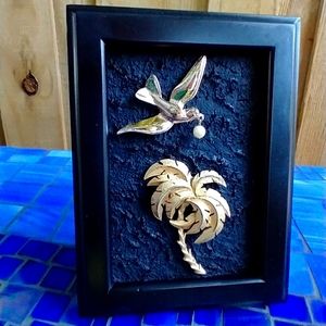 Home Decor Gold palm tree jewelry seagull art upcycled OOAK handcrafted Minimal